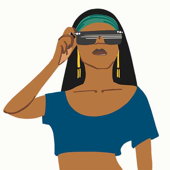 Person in a crop top with funky sunglasses on