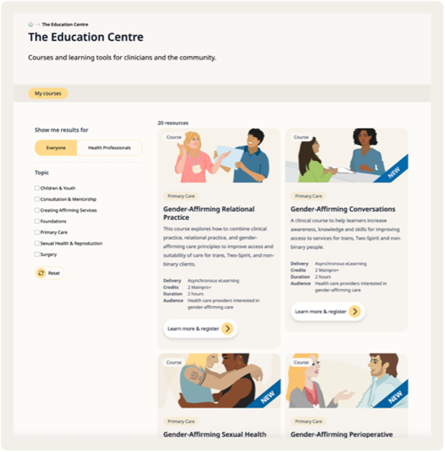 A screenshot of the TransCareBC.ca Education Centre.