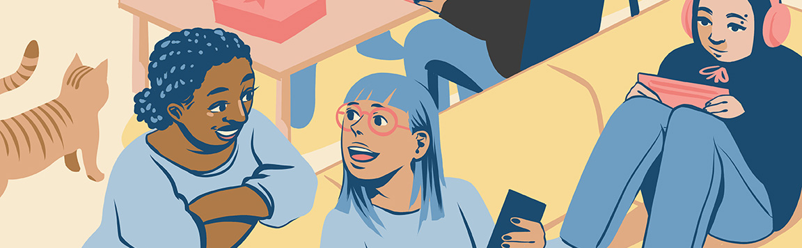 A support group gathering with people feeling free to do as they want, some are talking and some are engaging with devices.