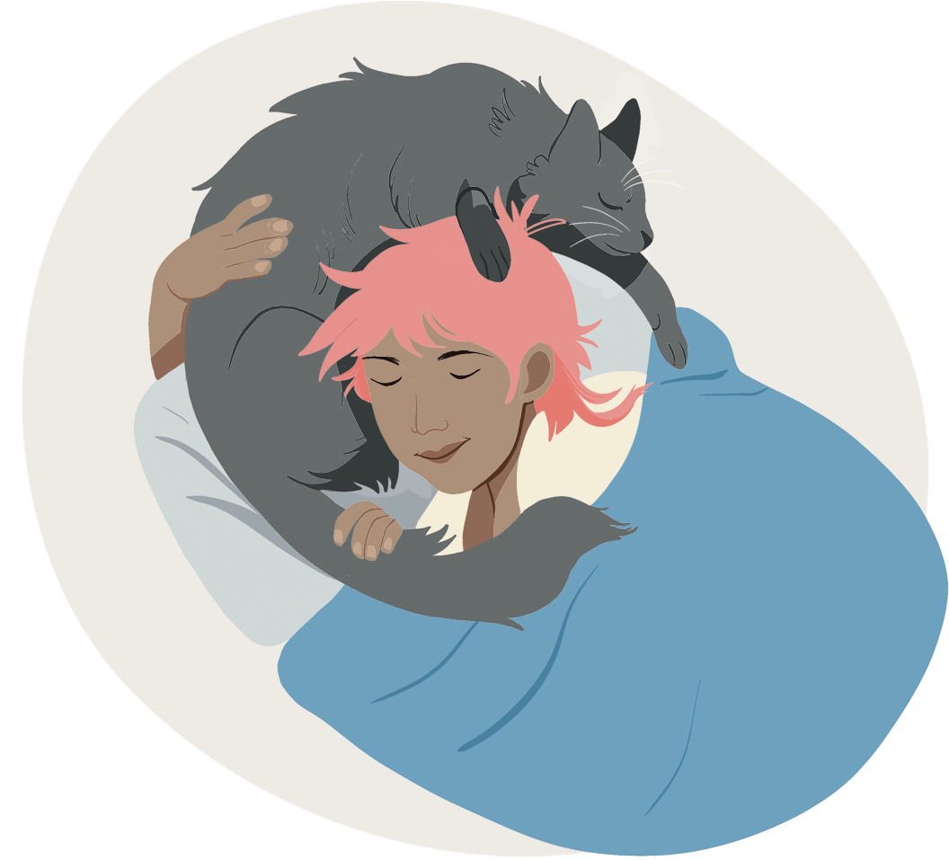 A person lying in bed holding their cat who curls around comforting them.