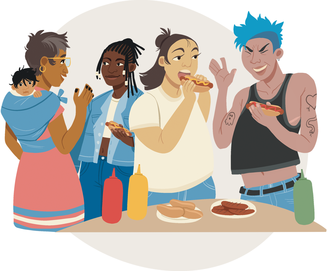 People meeting up sharing food and conversation.