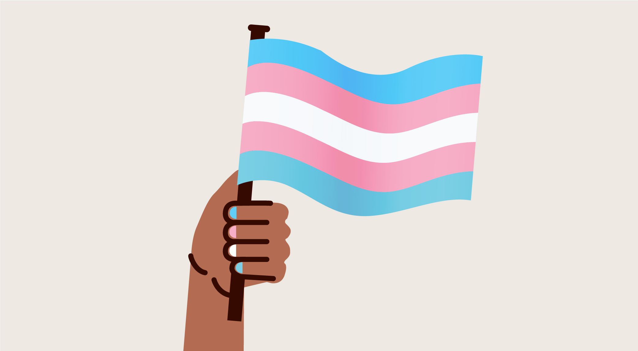 Hand holding up a trans pride flag